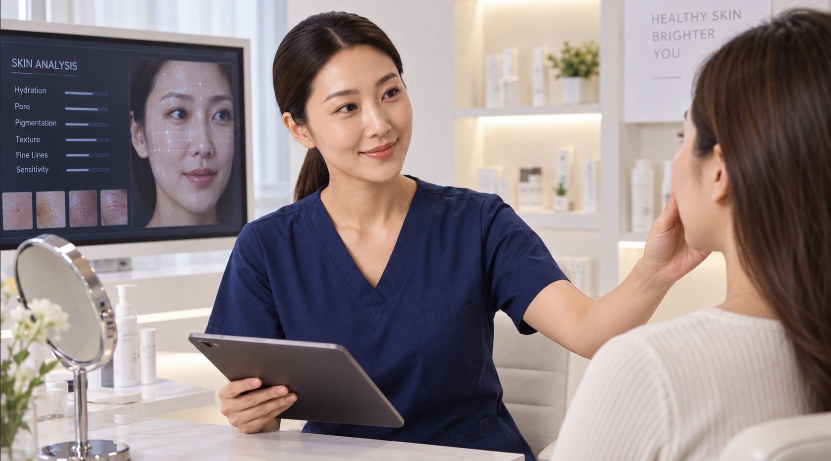 Practitioner discussing skin analysis with a client at Nezeal